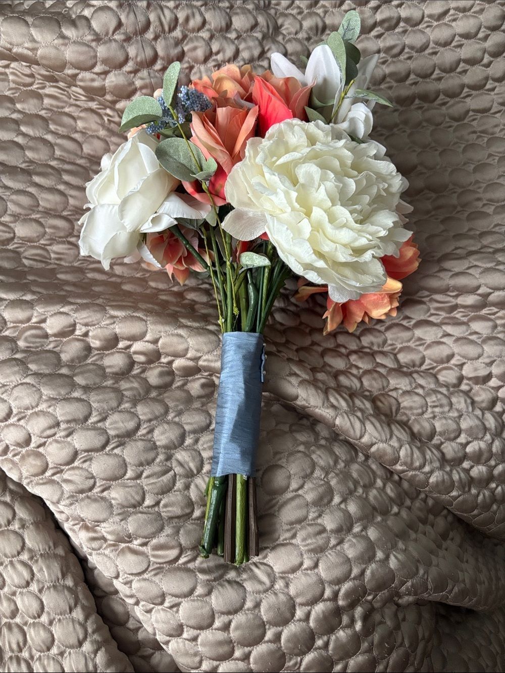Silk Bridal Bouquet with White and Coral Blooms- bridal or prom